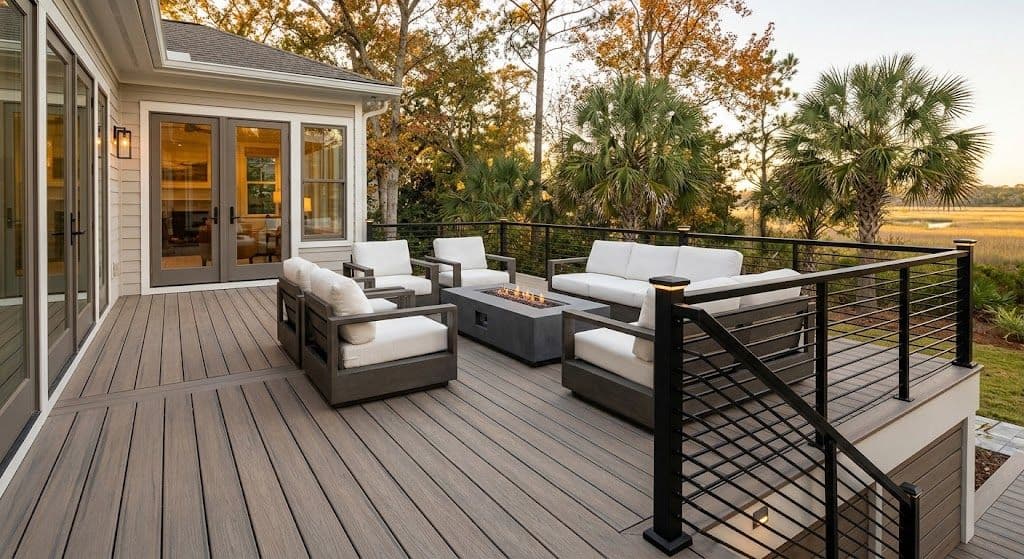Modern deck with gray composite flooring, black metal railing, and outdoor furniture seating area with fire pit table overlooking trees and marsh landscape